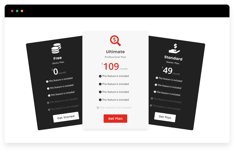 Pricing table